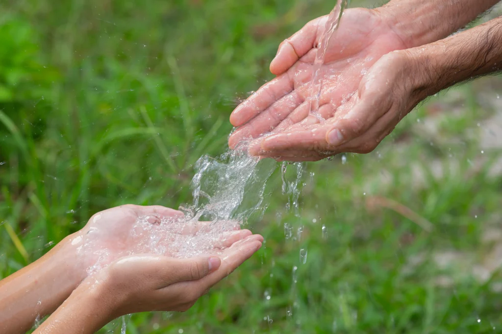 Manos recogiendo agua como símbolo de hábitos sostenibles para cuidar este recurso vital